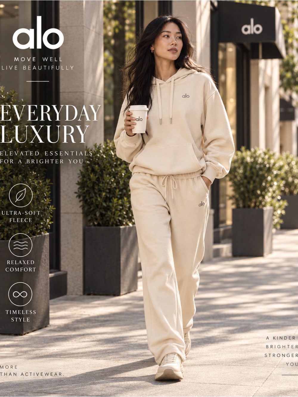 ALO Yoga Accolade Oat Milk Hoodie & Straight Leg Sweatpants 2 Piece Set S NWT
